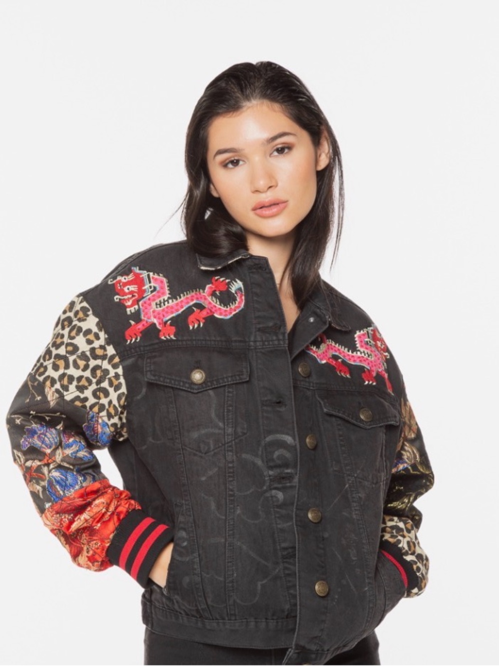 Desigual Black Denim Jacket with Red Dragon Embroidery